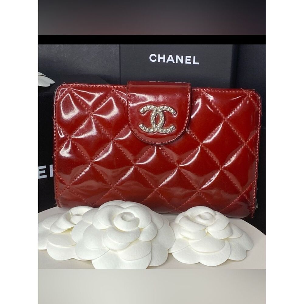 Chanel Authentic Quilted Patent Leather CC Flap Wallet With Box, Receipt & More